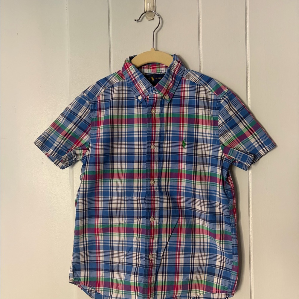 Ralph Lauren Blue, White, Green & Red Plaid Short-Sleeve Button-Down Shirt